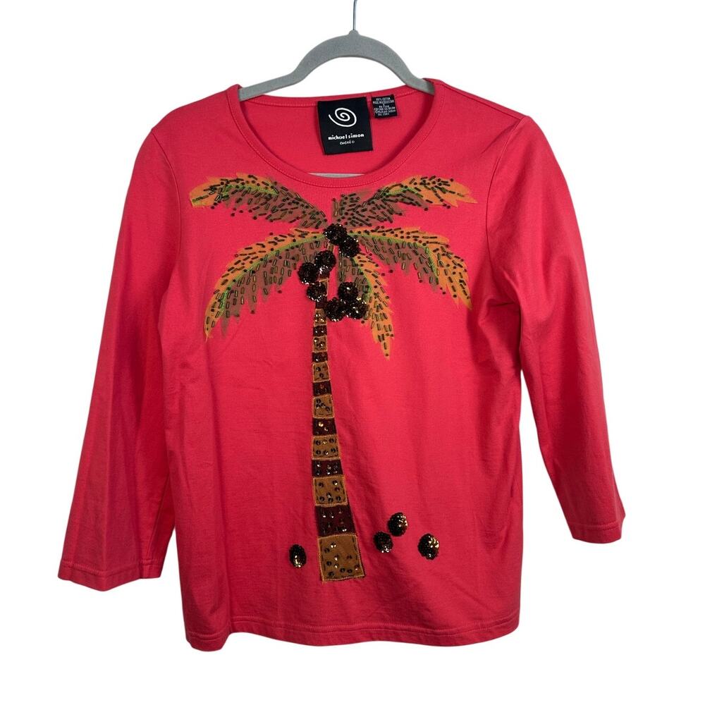 Michael Simon Event Womens Palm Tree Embellished Top Small Pink Art to Wear EUC